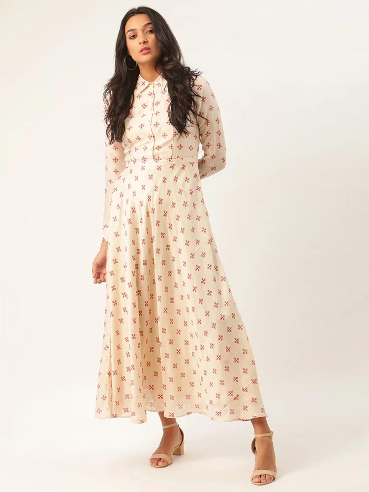 natural printed collar dress