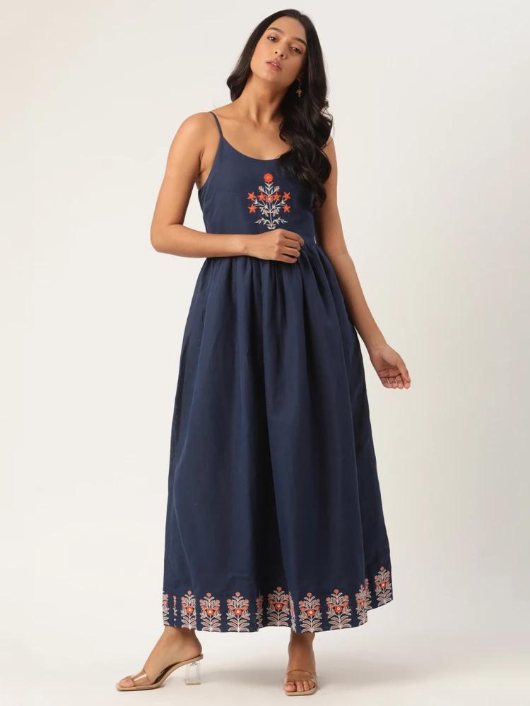 blue embroidered round neck dress