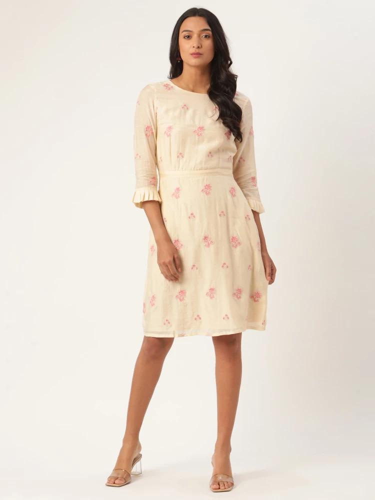 beige embroidered round neck dress