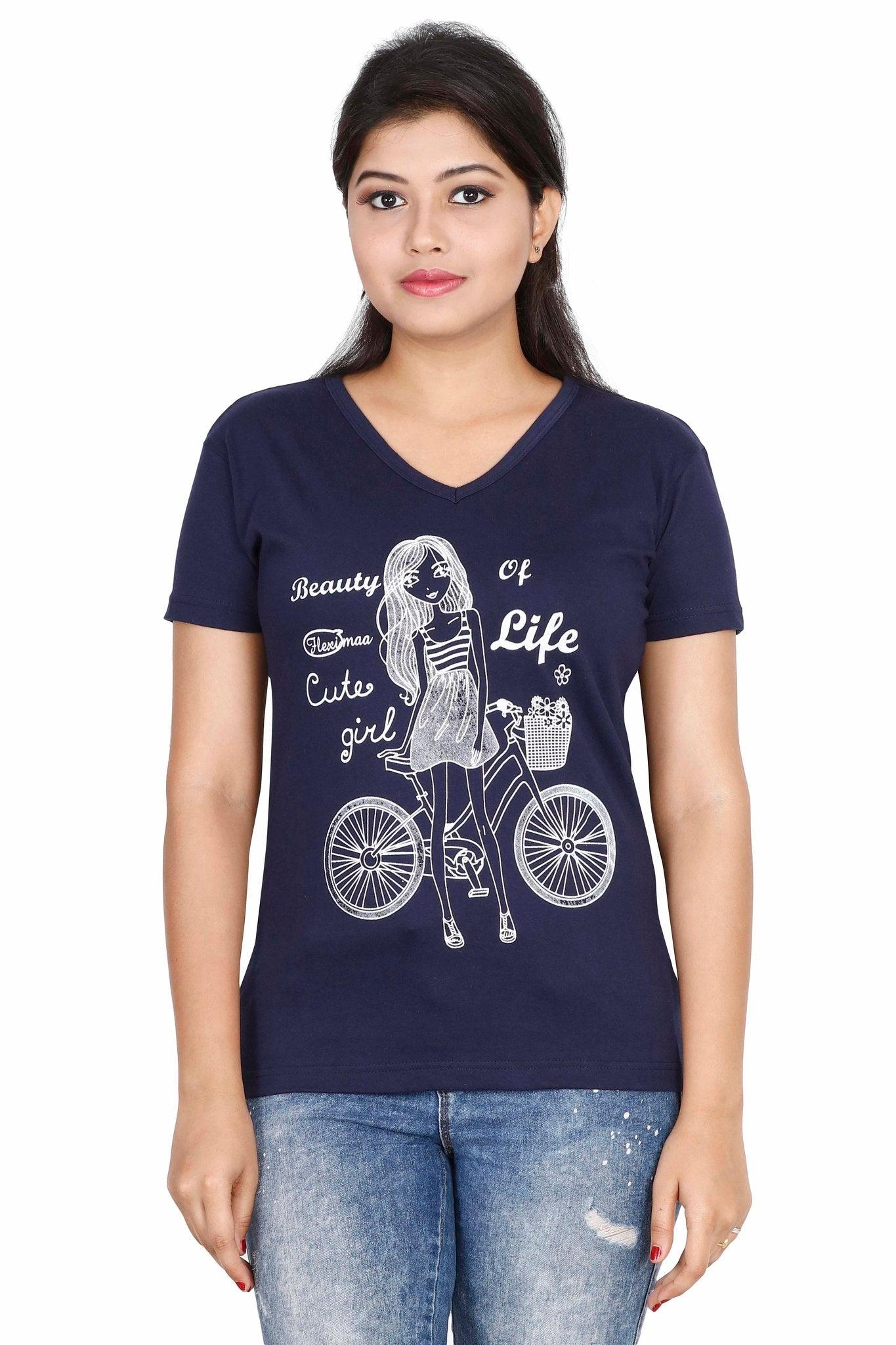 women's cotton v neck printed half sleeve t-shirt