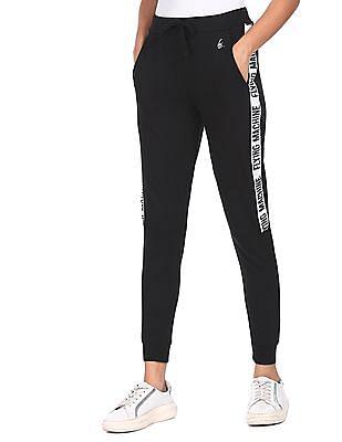 women black brand tape drawstring waist track pants