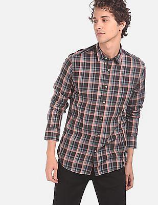 men pink and brown check cotton casual shirt