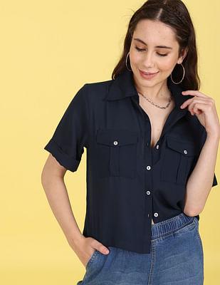 navy spread collar solid shirt