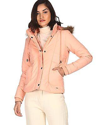 women orange hooded neck quilted jacket