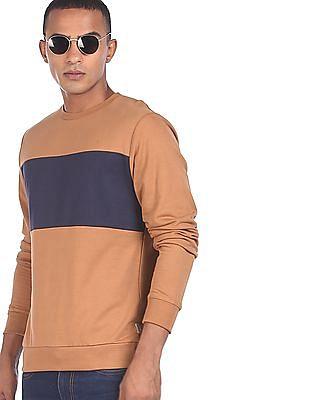 men brown crew neck colour block casual sweatshirt