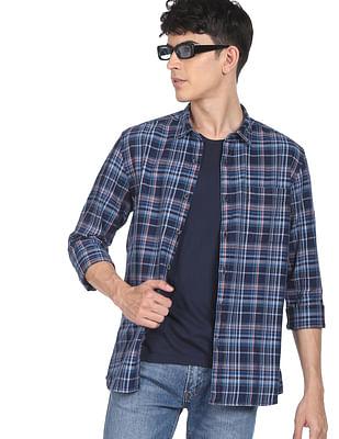 men navy twill weave plaid check casual shirt