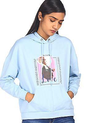 light blue long sleeve graphic print hooded sweatshirt