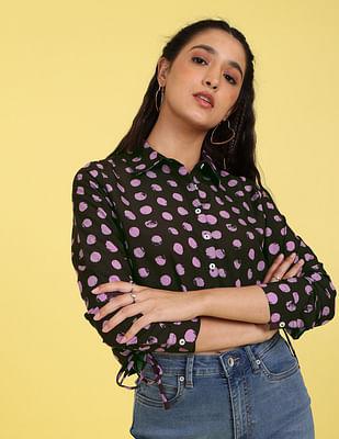 black spread collar tie up geometric print crop shirt