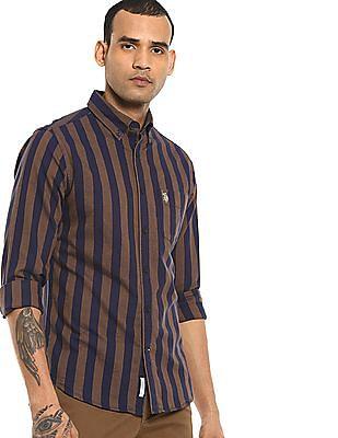 men brown and navy button down striped casual shirt