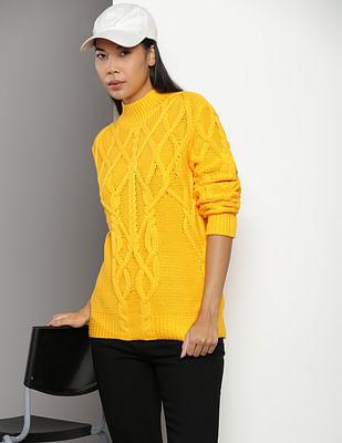 mock neck cable knit sweater