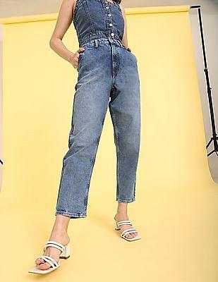 blue mid rise acid wash boyfriend slim fit jeans