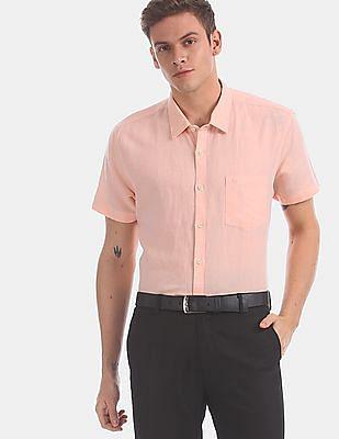 men peach short sleeve cotton linen casual shirt