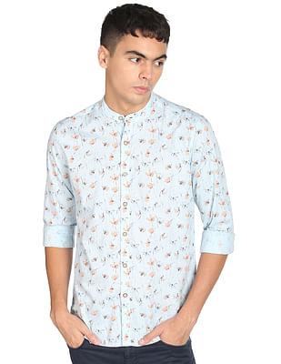 men light blue floral print pure cotton casual shirt