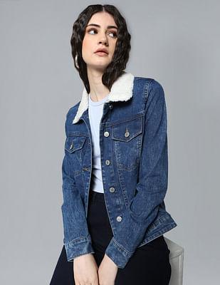 dark blue fleece spread collar washed denim jacket