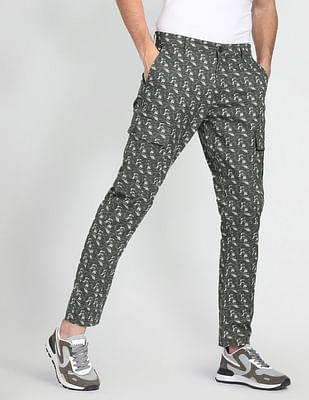 abstract print twill casual cargo trousers