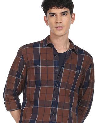 men brown twill weave plaid check casual shirt