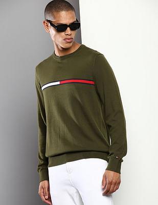 men olive flag crew neck pure cotton sweater