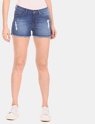 blue stone wash ripped denim shorts