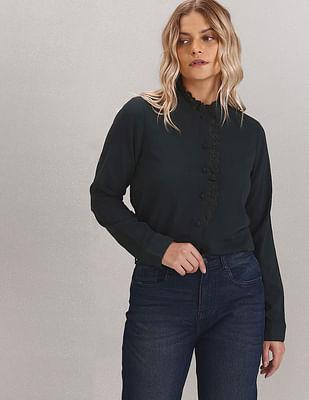 ruffled collar long sleeve solid top