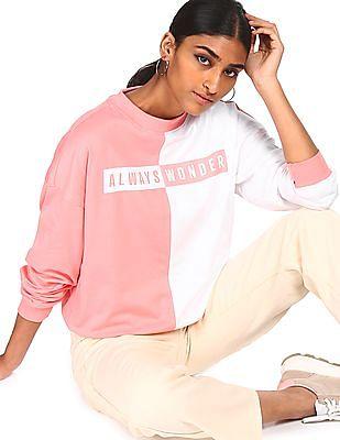 women pink and white crew neck colour block sweatshirt