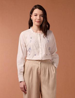 embroidered pin tucked poplin top