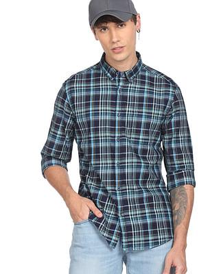 men navy twill weave tartan check casual shirt