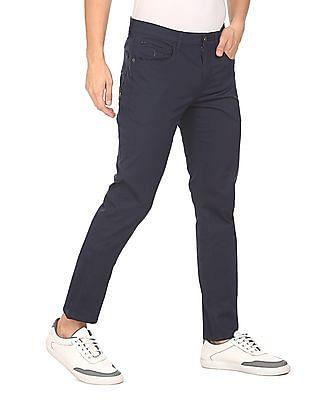 men navy mid rise solid casual trousers