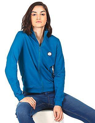 women blue solid high neck sweatshirt