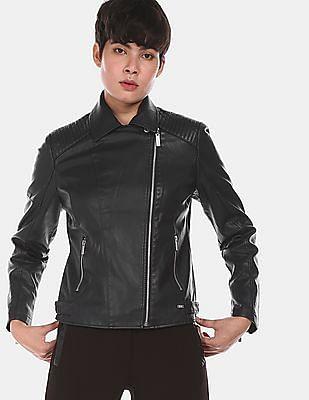 black asymmetric zipper solid biker jacket