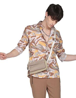 men brown abstract print cotton casual shirt