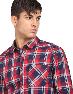 men red plaid check twill weave casual shirt