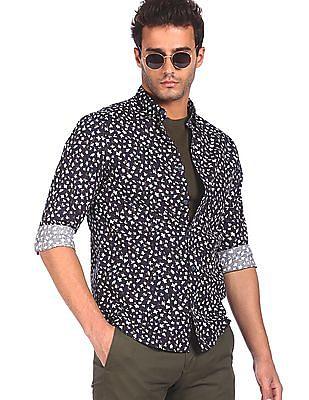 men navy cotton floral print casual shirt