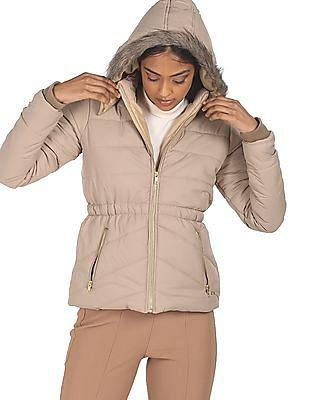 beige hooded solid puffer jacket