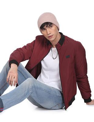 men maroon high neck solid bomber jacket