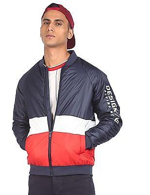 men navy stand collar long sleeve puffer jacket