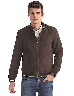 men brown zip up bomber jacket