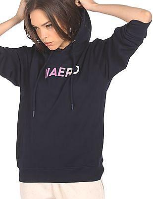 women navy brand print hooded sweatshirt