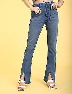 blue high rise split hem straight fit jeans