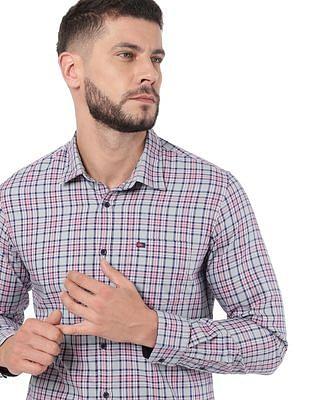 men grey slim fit check casual shirt