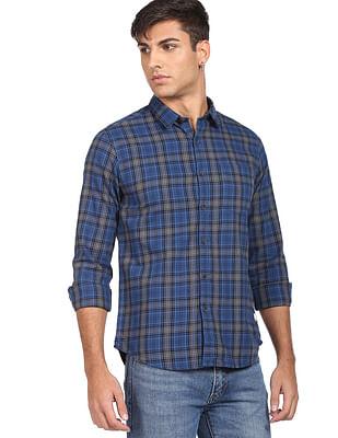 men navy tartan check pure cotton casual shirt