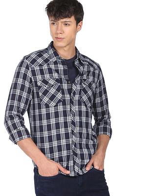 men navy spread collar tartan check cotton shirt