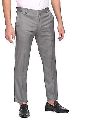 men grey flat front textured formal trousers