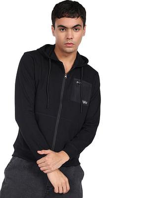 men black zip up solid hooded sweatshirt