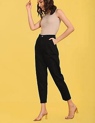 black high rise pleated front boyfriend fit jeans