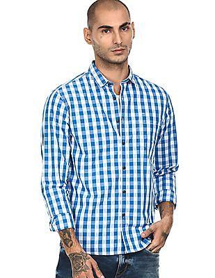 men blue and white spread collar check casual shirt