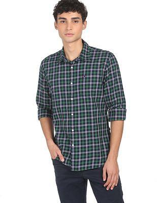 men navy semi cut away collar check casual shirt