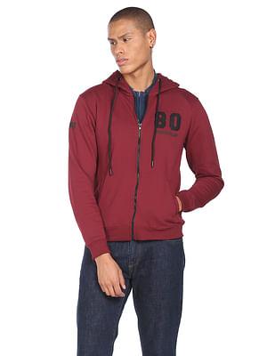 men maroon solid hooded varsity sweatshirt