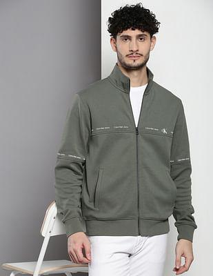 high neck solid zip through sweatshirt