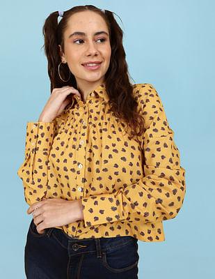 mustard spread collar geometric print crop shirt