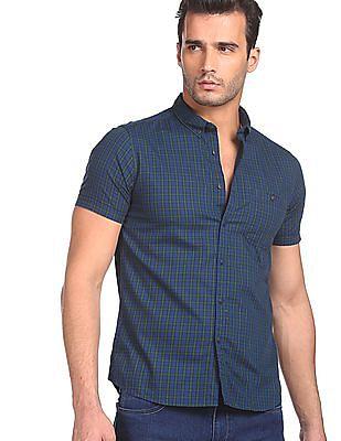 men blue short sleeve check casual shirt